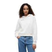 Tommy Hilfiger women white cotton hooded sweatshirt with colorful embroidered logo on chest and tommy jeans hoodie style