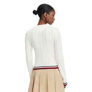 Tommy Hilfiger Weiße Damen-Strickjacke aus Baumwolle mit Zopfmuster und rot-weiß-blau gestreiften Bündchen an Saum und Ärmelbündchen