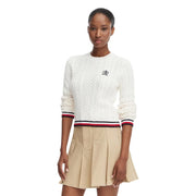 Tommy Hilfiger Weißer Damen-Baumwollpullover mit Zopfmuster, rot-weiß-marineblau gestreiften Bündchen und Saum sowie gesticktem Logo auf der Brust