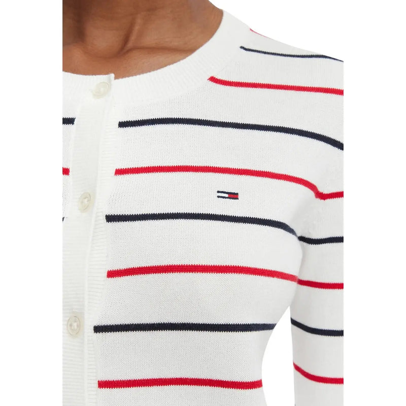 Tommy Hilfiger Weißer Damen-Strickcardigan mit roten und schwarzen Streifen aus Bio-Baumwolle und kleinem Logo