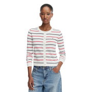 Tommy Hilfiger Weiße Damen-Strickjacke aus Bio-Baumwolle mit weißen, roten und schwarzen Streifen und Knopfleiste