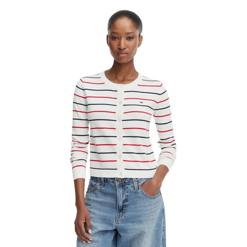Tommy Hilfiger Weiße Damen-Strickjacke aus Bio-Baumwolle mit weißen, roten und schwarzen Streifen und Knopfleiste