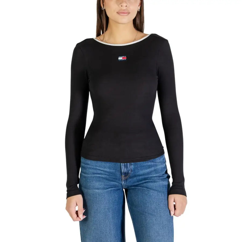 Tommy Hilfiger Damen langärmlig, weiß, aus Bio-Baumwolle T-shirt mit schwarzem Korpus und gesticktem Logo