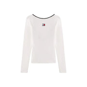 Tommy Hilfiger women white long sleeve organic cotton t-shirt with black neckline trim and small embroidered logo on chest