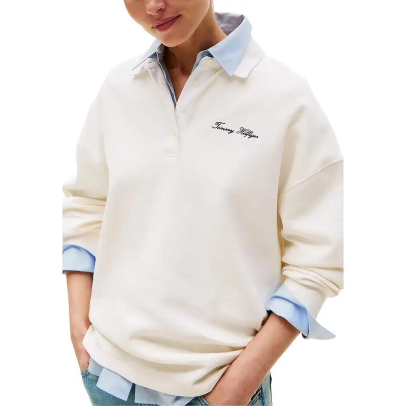 Tommy Hilfiger womens white long sleeve polo sweatshirt with cream fabric and blue accents