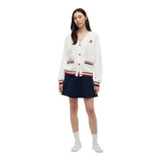 Tommy Hilfiger Weiße Damen-Strickjacke aus Bio-Baumwolle mit rot-blau gestreiftem Besatz und gesticktem Logo auf der linken Brustseite