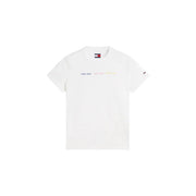 Tommy Hilfiger Weißes Damen-Kurzarmshirt aus Bio-Baumwolle mit dezentem, mehrfarbigem Logodruck und Markenetiketten