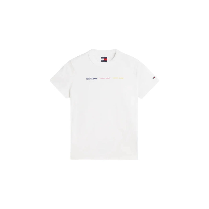 Tommy Hilfiger Weißes Damen-Kurzarmshirt aus Bio-Baumwolle mit dezentem, mehrfarbigem Logodruck und Markenetiketten
