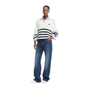 Tommy Hilfiger Damen-Pullover mit halben Reißverschluss, weiß und schwarz gestreift, mit gerippten Bündchen und Kragen aus Bio-Baumwolle