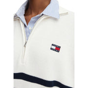 Tommy Hilfiger Weißer Damen-Strickpullover mit halbem Reißverschluss, marineblauem Streifen und Logo-Patch aus Bio-Baumwolle
