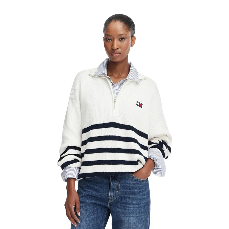 Tommy Hilfiger Weißer Damen-Strickpullover mit marineblauen Streifen, Viertelreißverschluss, Rollkragen, aus Bio-Baumwolle