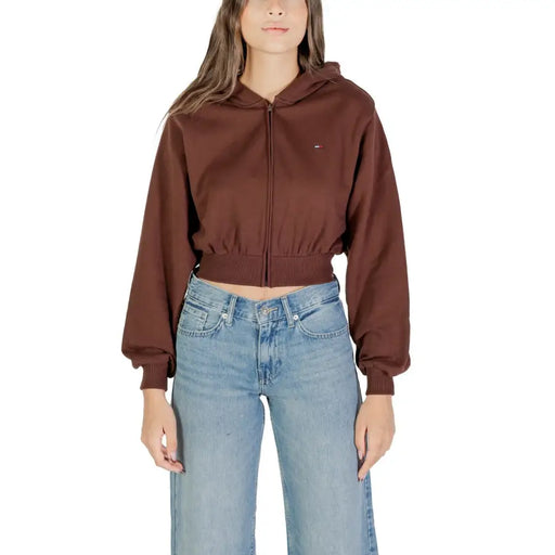 Tommy Hilfiger Brauner, kurzer Damen-Kapuzenpullover mit Reißverschluss und Brustlogo