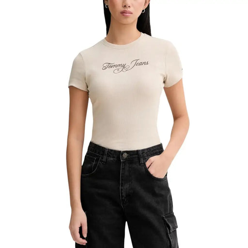 Tommy Hilfiger womens beige ribbed short-sleeve t-shirt with embroidered logo
