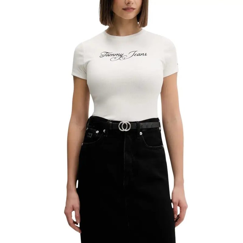 Tommy Hilfiger womens white short-sleeved organic cotton t-shirt with black cursive logo embroidery