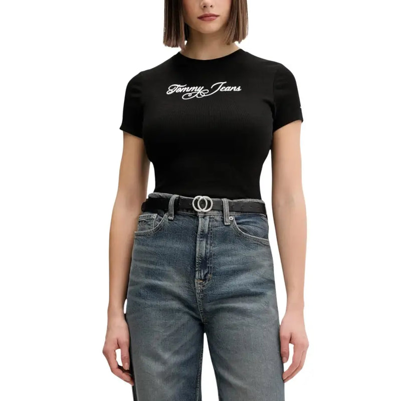 Tommy Hilfiger womens black printed organic cotton short-sleeve t-shirt with white embroidered logo