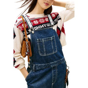 Tommy Hilfiger women’s blue organic cotton denim overalls with white stitching and adjustable straps featuring tommy girl branding