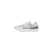 Tommy Hilfiger women’s grey leather sneakers with gray and white mesh upper and textured rubber sole