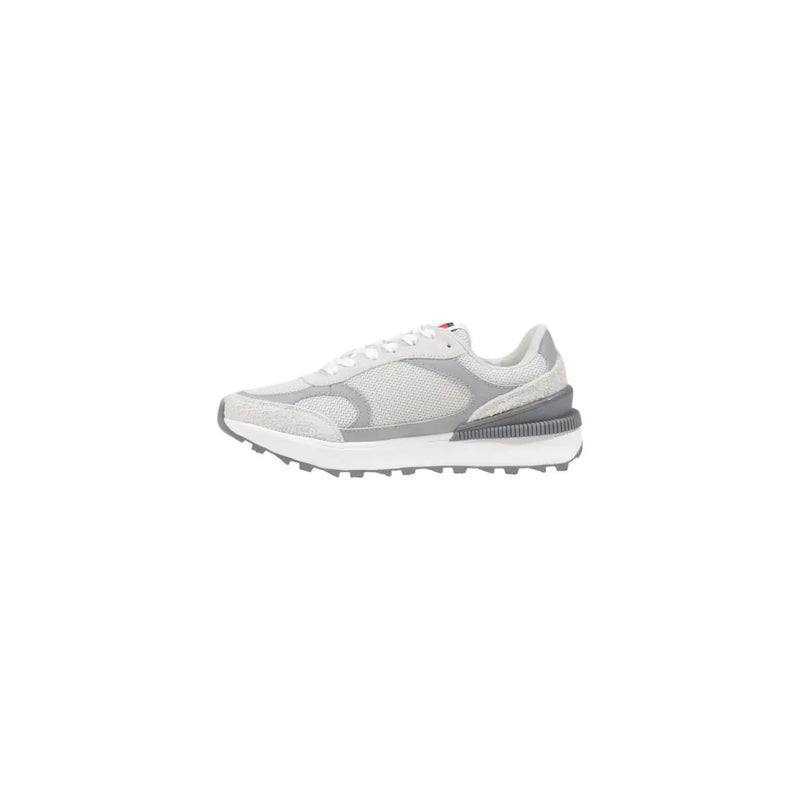 Tommy Hilfiger women’s grey leather sneakers with gray and white mesh upper and textured rubber sole