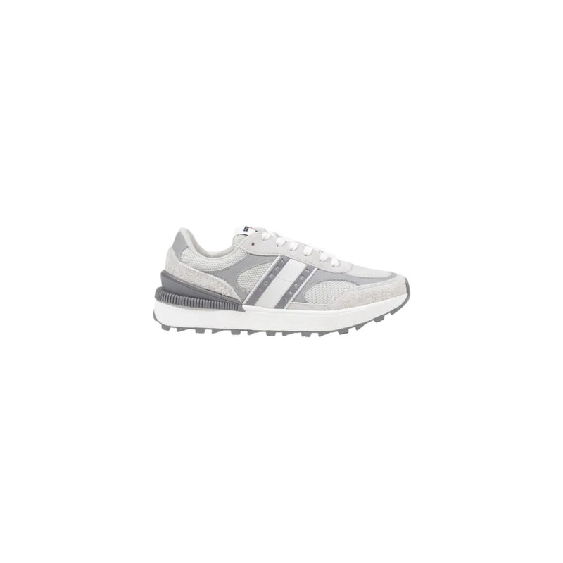 Tommy Hilfiger women’s grey leather sneakers with gray and white mesh and a chunky sole for casual wear