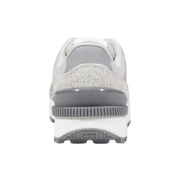Tommy Hilfiger women’s grey leather sneakers with gray and white textured fuzzy midsection and layered rubber sole