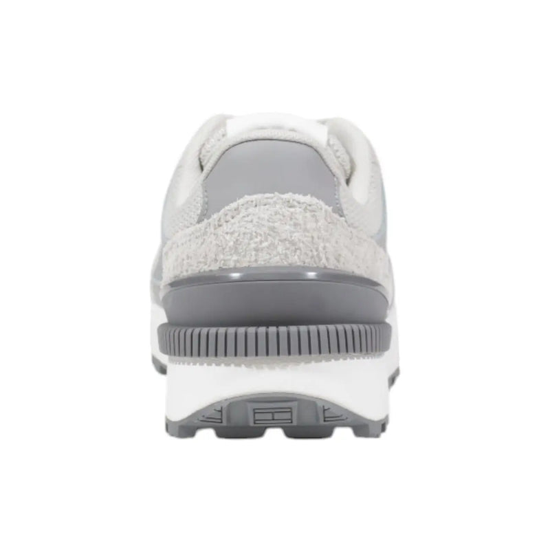 Tommy Hilfiger women’s grey leather sneakers with gray and white textured fuzzy midsection and layered rubber sole
