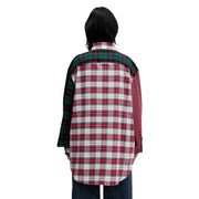 Tommy Hilfiger women’s red checked cotton shirt with oversized fit and patchwork red white and dark green plaid design