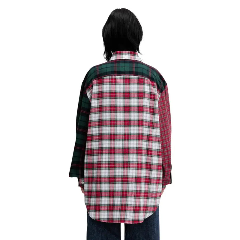Tommy Hilfiger women’s red checked cotton shirt with oversized fit and patchwork red white and dark green plaid design