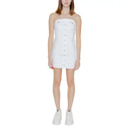 Tommy Hilfiger women’s white cotton strapless denim mini dress with button front and frayed hem
