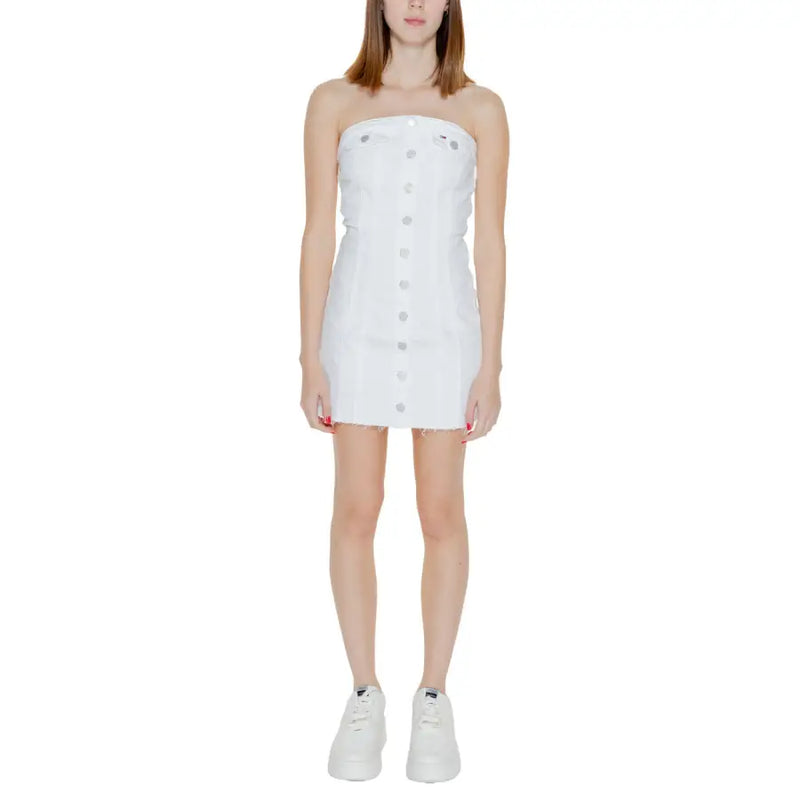 Tommy Hilfiger women’s white cotton strapless denim mini dress with button front and frayed hem