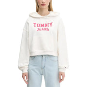 Tommy Hilfiger women’s white hooded organic cotton sweatshirt with pink lettering on chest and cropped hoodie design