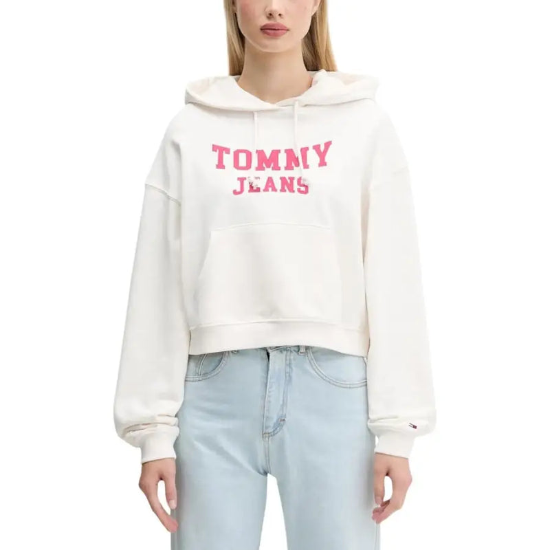 Tommy Hilfiger womens white cropped hoodie with pink lettering and pocket