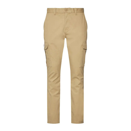 Tommy Jeans men beige cotton elastane khaki cargo pants with two large side pockets and button closure