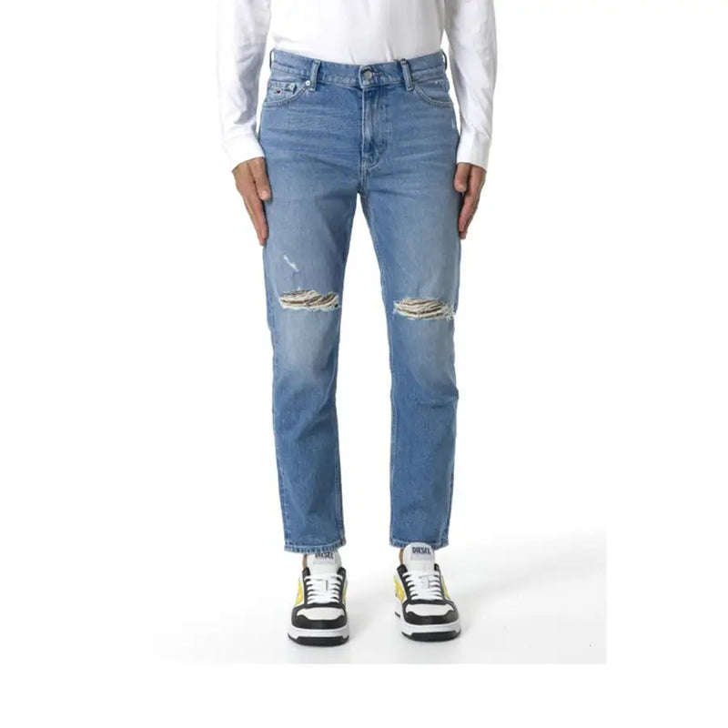 Tommy Jeans men blue cotton stretch light-wash denim jeans with distressed ripped knees and classic straight-leg cut