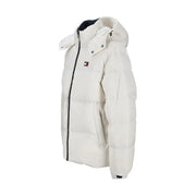 Tommy hilfiger white puffer jacket with hood and logo.