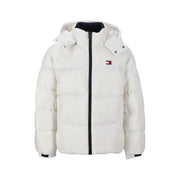 Tommy hilfiger white puffer jacket with hood and zipper.
