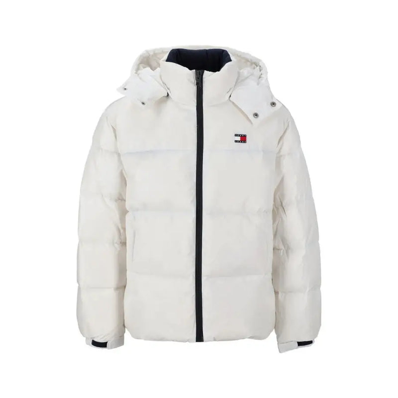 Tommy hilfiger white puffer jacket with hood and zipper.