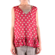 Vibrant red polka dot sleeveless tank top by Simona Barbieri with ruffled hem