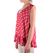 Twinset Simona Barbieri Damen Tanktop top aus rotem Polyester mit cremefarbener, gepunkteter Spitzenborte und Rüschensaum