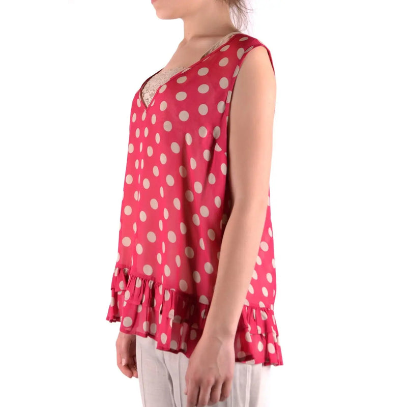 Twinset Simona Barbieri Damen Tanktop top aus rotem Polyester mit cremefarbener, gepunkteter Spitzenborte und Rüschensaum