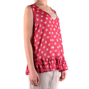 Ein leuchtend pinkfarbenes, ärmelloses Tanktop aus Polyester top mit cremefarbenen Punkten und Rüschensaum von Simona Barbieri