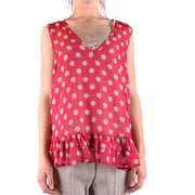 Ein leuchtend pinkfarbenes, ärmelloses Tanktop aus Polyester top mit cremefarbenen Punkten und Rüschensaum von Twin-set Simona Barbieri