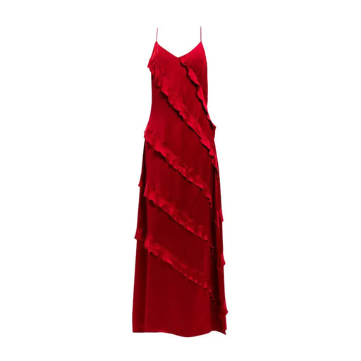 Twinset red sleeveless v neck viscose spring summer dress with vibrant red satin slip and cascading ruffled tiers