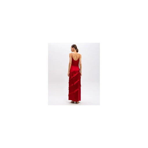 Twinset red sleeveless v neck viscose spring summer dress with flowing red satin maxi skirt and tiered ruffles