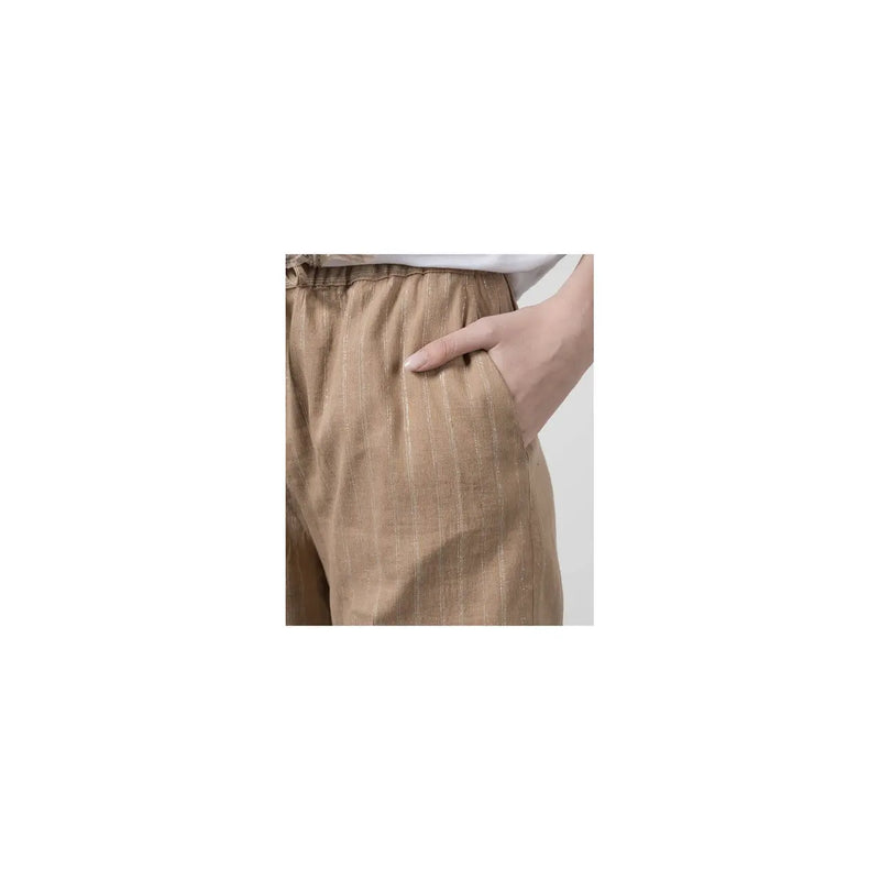 Beige gestreiftes Baumwoll-Leinen-Twinset für Damen mit dezenten vertikalen Streifen und elastischem Bund