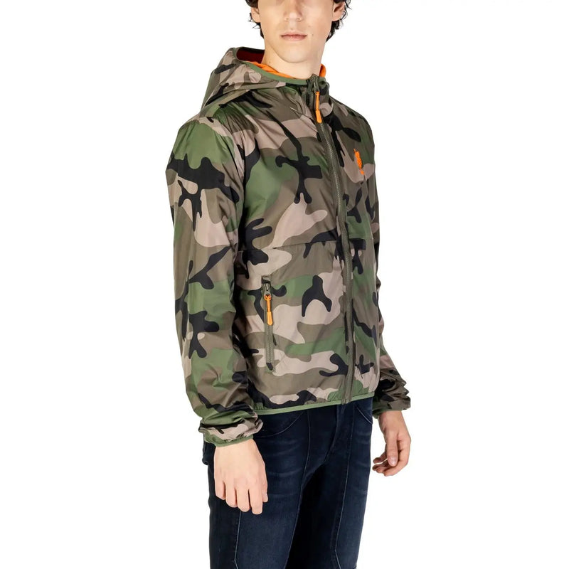 U.S. Polo Assn. men blazer classic fit cotton blend size L camouflage hooded jacket with orange zipper pulls and logo