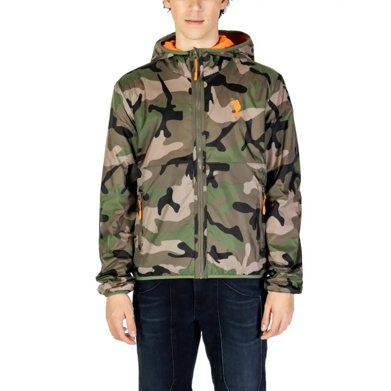 US Polo Assn. Herrenblazer, klassische Passform, Baumwollmischgewebe, Camouflage-Muster, orangefarbene Reißverschlüsse und Pferde-Logo