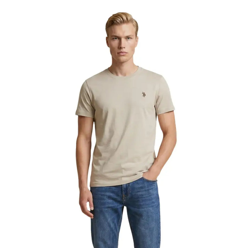 US Polo Assn. Herren-Baumwoll-T-Shirt, beige, kurzärmelig, Rundhalsausschnitt mit kleinem, gesticktem Logo auf der linken Brust