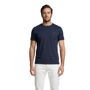 Navy blue short-sleeved crew neck cotton t-shirt with small red embroidered U.s. Polo Assn. logo on left chest