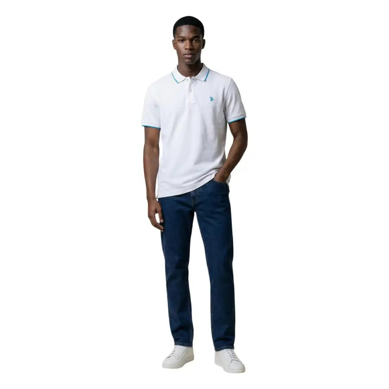 US Polo Assn. Herren-Poloshirt, klassische Passform, weiße Baumwolle mit türkisfarbenem Besatz und kleinem, gesticktem Logo auf der Brust, Größe L