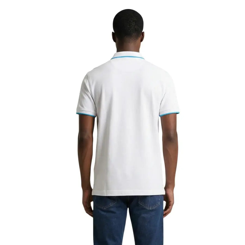 US Polo Assn. Herren-Poloshirt in klassischer Passform aus weißer Baumwolle mit hellblauen Bündchen an Kragen und Ärmelbündchen, Größe L